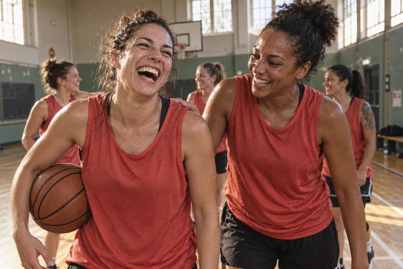 Two basketball teammates sharing a laugh after a game in their local gym