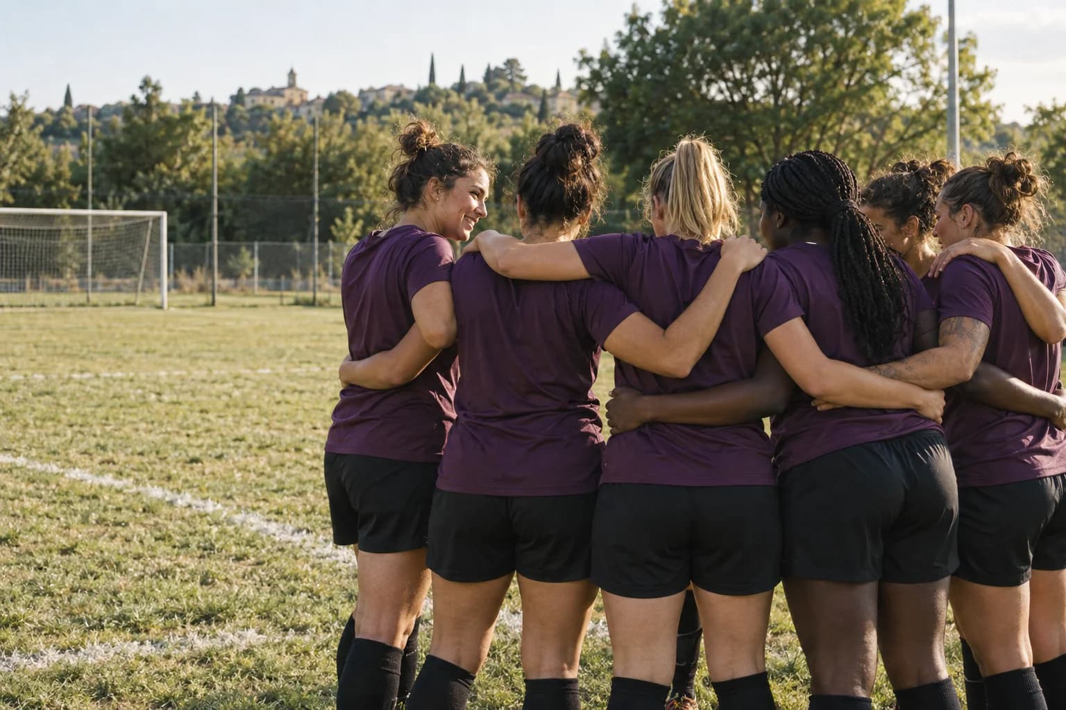 Football teammates with their arms around each other before practice